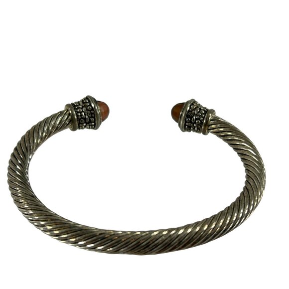 Twisted Cable Cuff Bracelet Silver Tone Open Bangle Faceted Red Imitation Stone - Picture 4 of 9